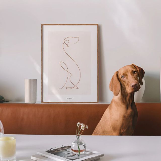a dog sitting next to a line art poster of itself