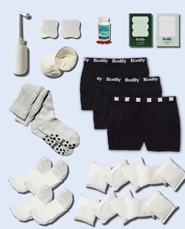 collection of post-birth supplies in a gift box