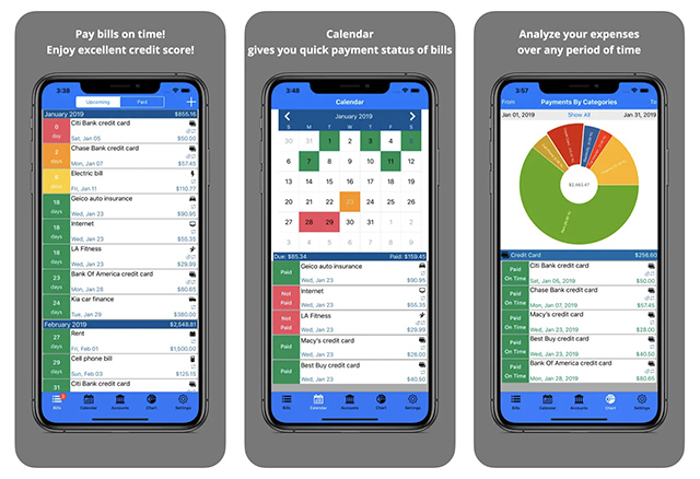 Screenshots of the Bills Organizer and Reminder app, one of the best family organizer apps