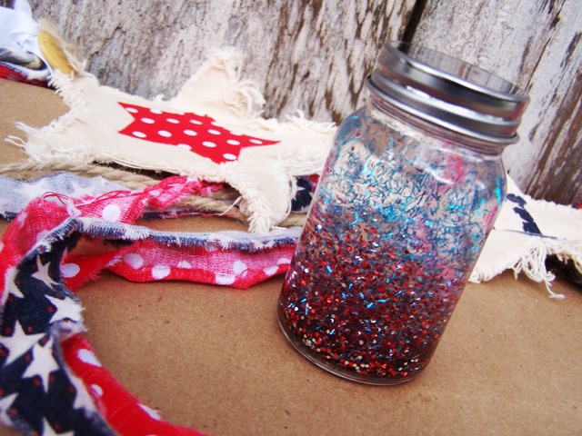 red, white and blue glitter in a jar to look like fireworks for a fourth of July craft