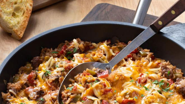 a picture of ground beef and rice skillet, one of the easiest one-pot dinners 