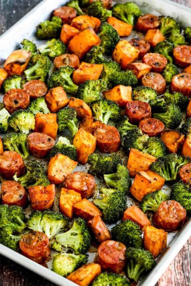Sweet potatoes, broccoli and sausage that was roasted in a sheet pan as a quick, easy dinner