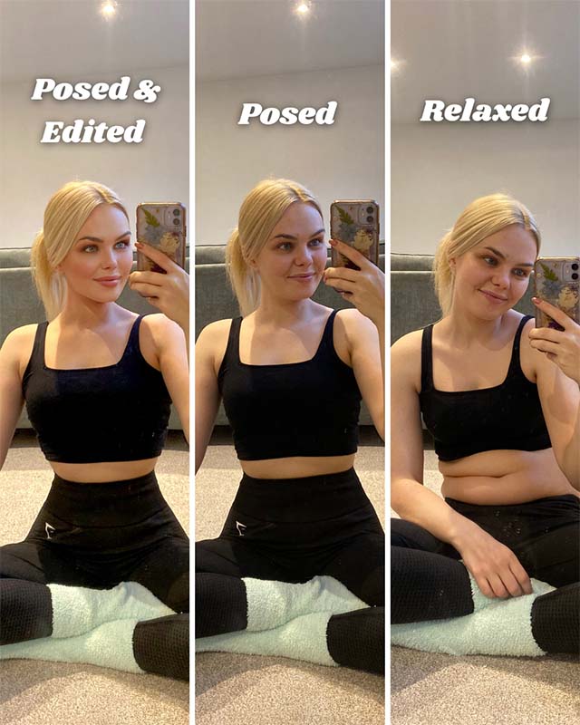 Side by side images of Shell Johnson in various stages of editing (relaxed, posed, and edited)