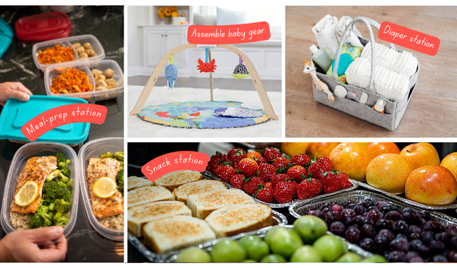 different tasks for a Nesting Party like preparing freezer meals, assembling baby gear, and putting together the diaper caddy