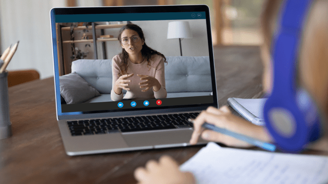 woman teaching for an online job at home